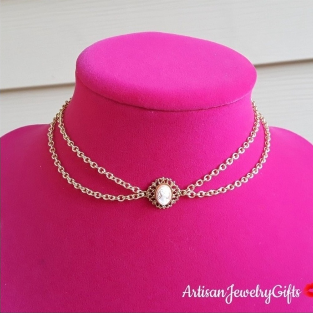 16K Gold Layered Pink Victorian Lady Cameo Choker